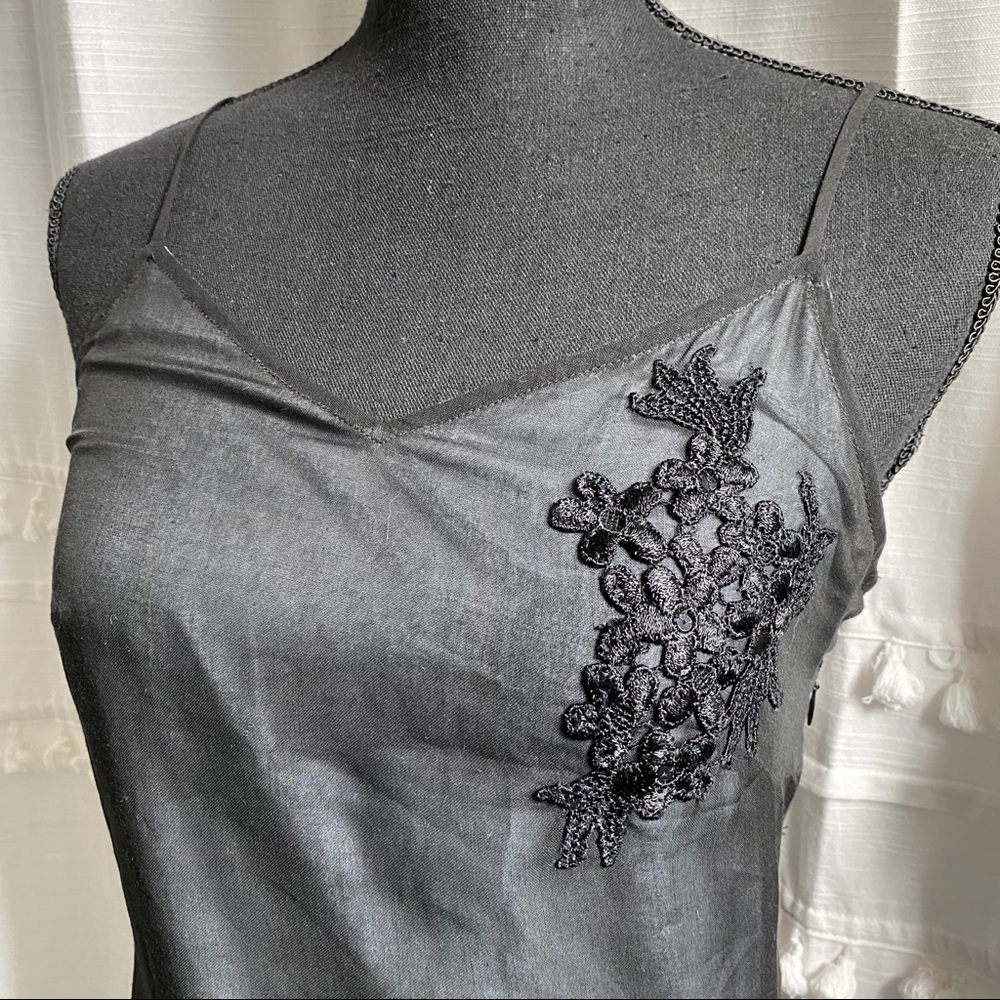 Black sheer embroidered shift dress w/grey lining